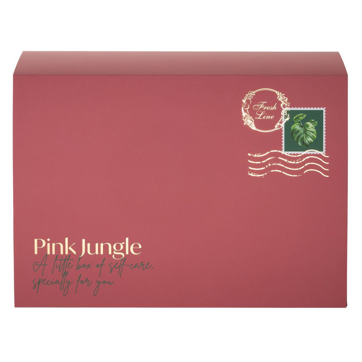 Ροζ κουτί δώρου Pink Jungle της Fresh Line με πράσινο τροπικό φύλλο σε διακοσμητικό γραμματόσημο και χρυσή ταχυδρομική σφραγίδα.