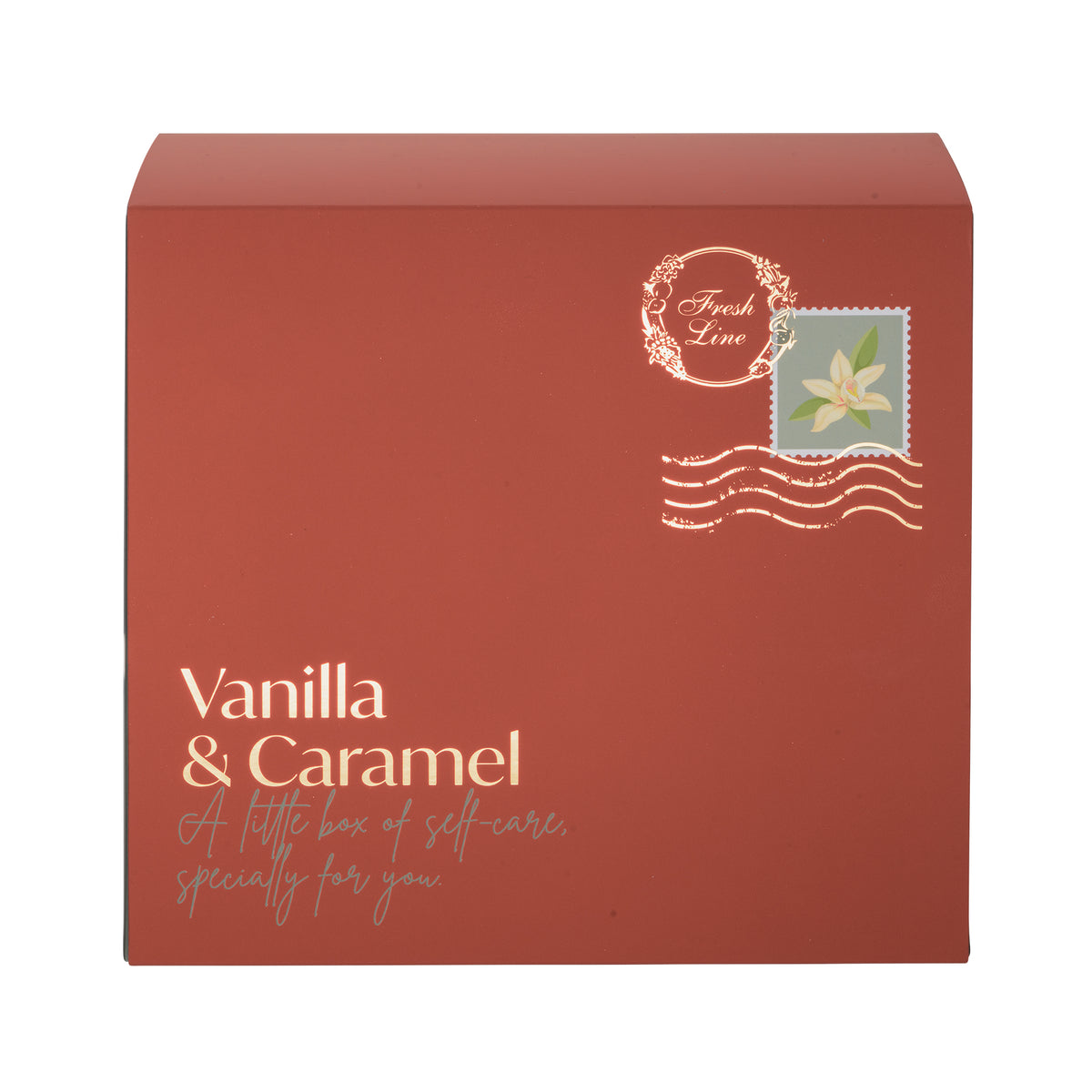 Συσκευασία σετ δώρου Vanilla & Caramel της Fresh Line με γραμματόσημο άνθους βανίλιας και χρυσή ταχυδρομική σφραγίδα.